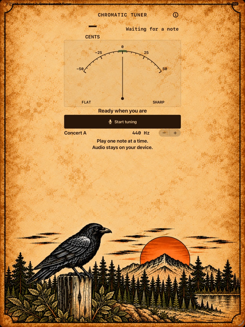 Upright iPad tuner screen with the analog gauge and vintage crow wilderness artwork