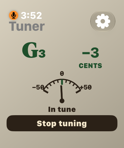 Apple Watch tuner detecting G3 at minus 3 cents, with a green In tune reading and analog needle