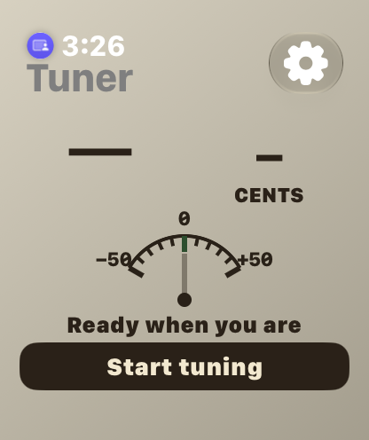 Apple Watch tuner ready to start, with note and cents displays, an analog gauge, Start tuning button, and settings gear
