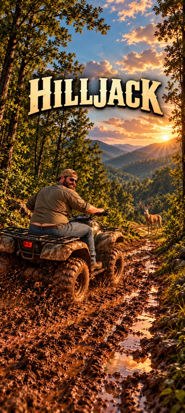Hilljack startup artwork with an ATV rider, deer, and backwoods woodland at sunset